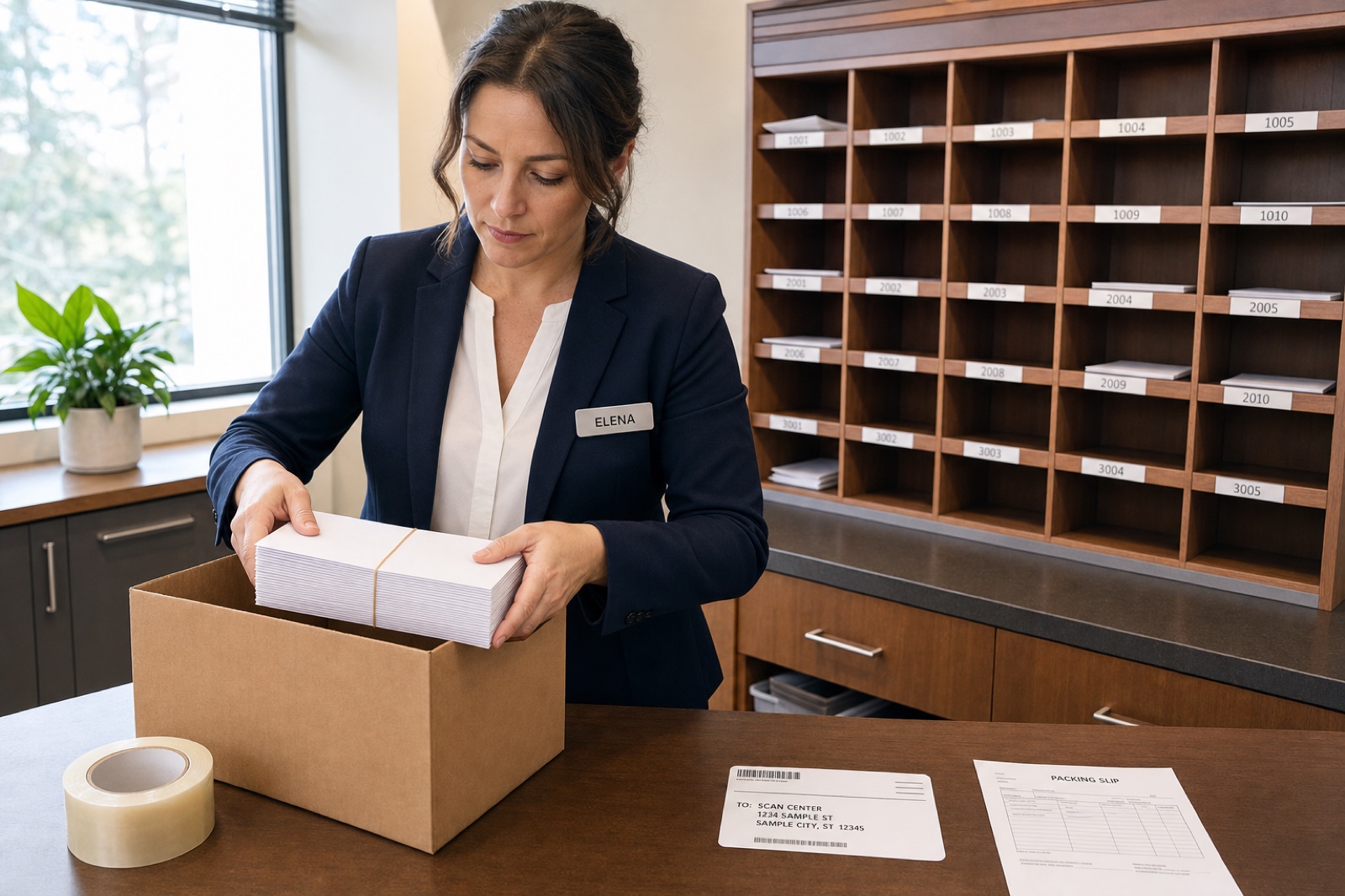 A business-center receptionist packages a stack of sorted tenant mail for shipment to a central scanning facility.