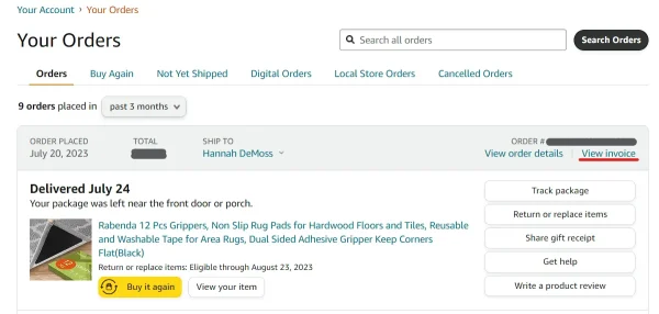 Click View Invoice to get your Amazon receipt