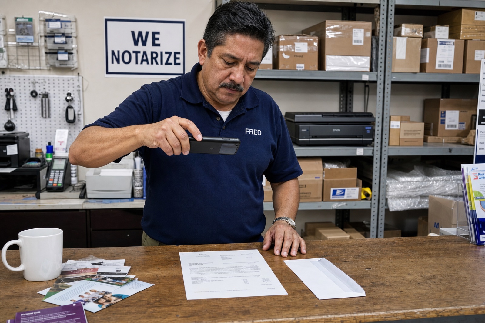 A mail-store employee photographs the opened contents of a business envelope