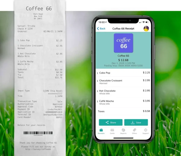 Coffee 66 paper and digital receipt, epoppay