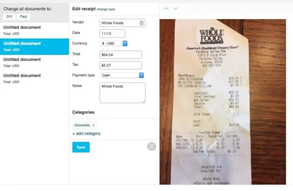 Shoeboxed receipt scanning interface on a mobile device