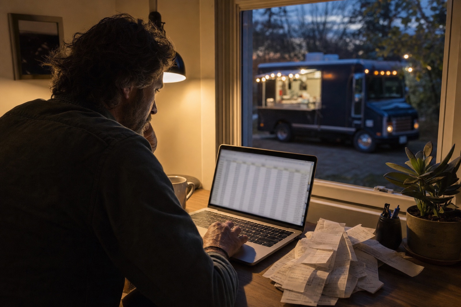 Food truck owner working on the books at a home desk in the evening, paper receipts beside the laptop and the food truck parked outside the window