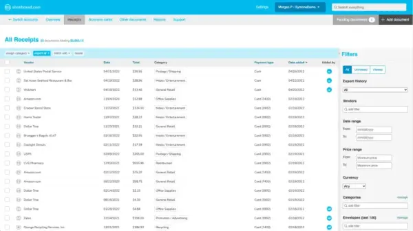Shoeboxed web dashboard showing scanned receipts organized with vendor, date, total, and tax category for each