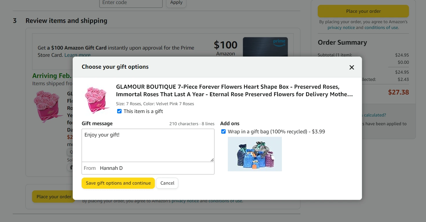 Amazon checkout gift options page showing the This item is a gift checkbox, a gift message box, and gift wrap add-ons