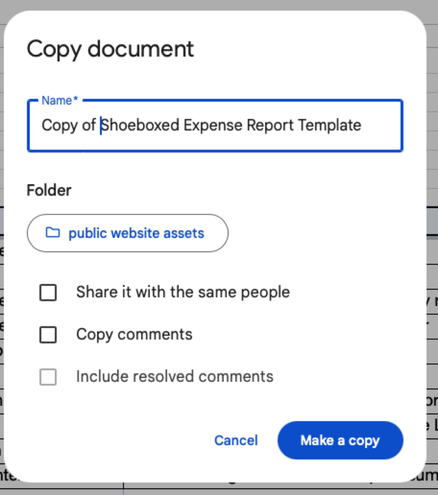Google Sheets Copy document modal showing Copy of Shoeboxed Expense Report Template ready to save into the user's Drive