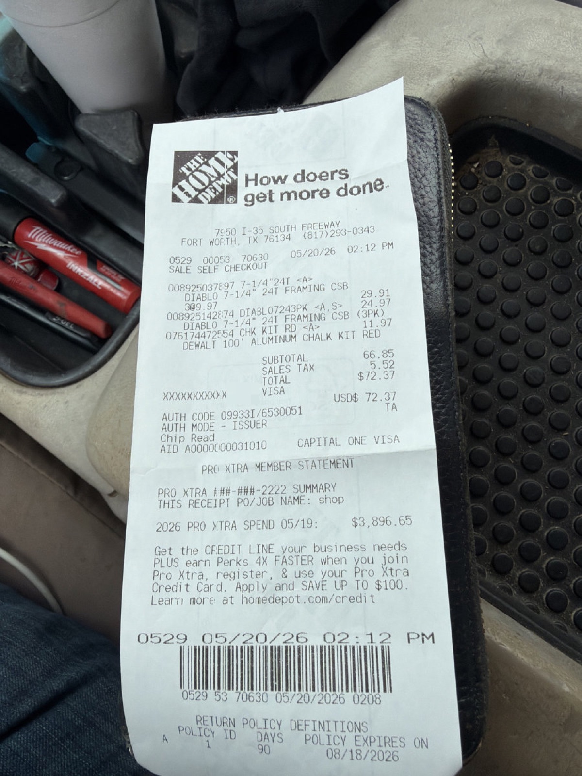 Real Home Depot paper receipt for Diablo saw blades and a DeWalt chalk reel totaling $72.37, showing the Pro Xtra member statement, scanned and anonymized for this article