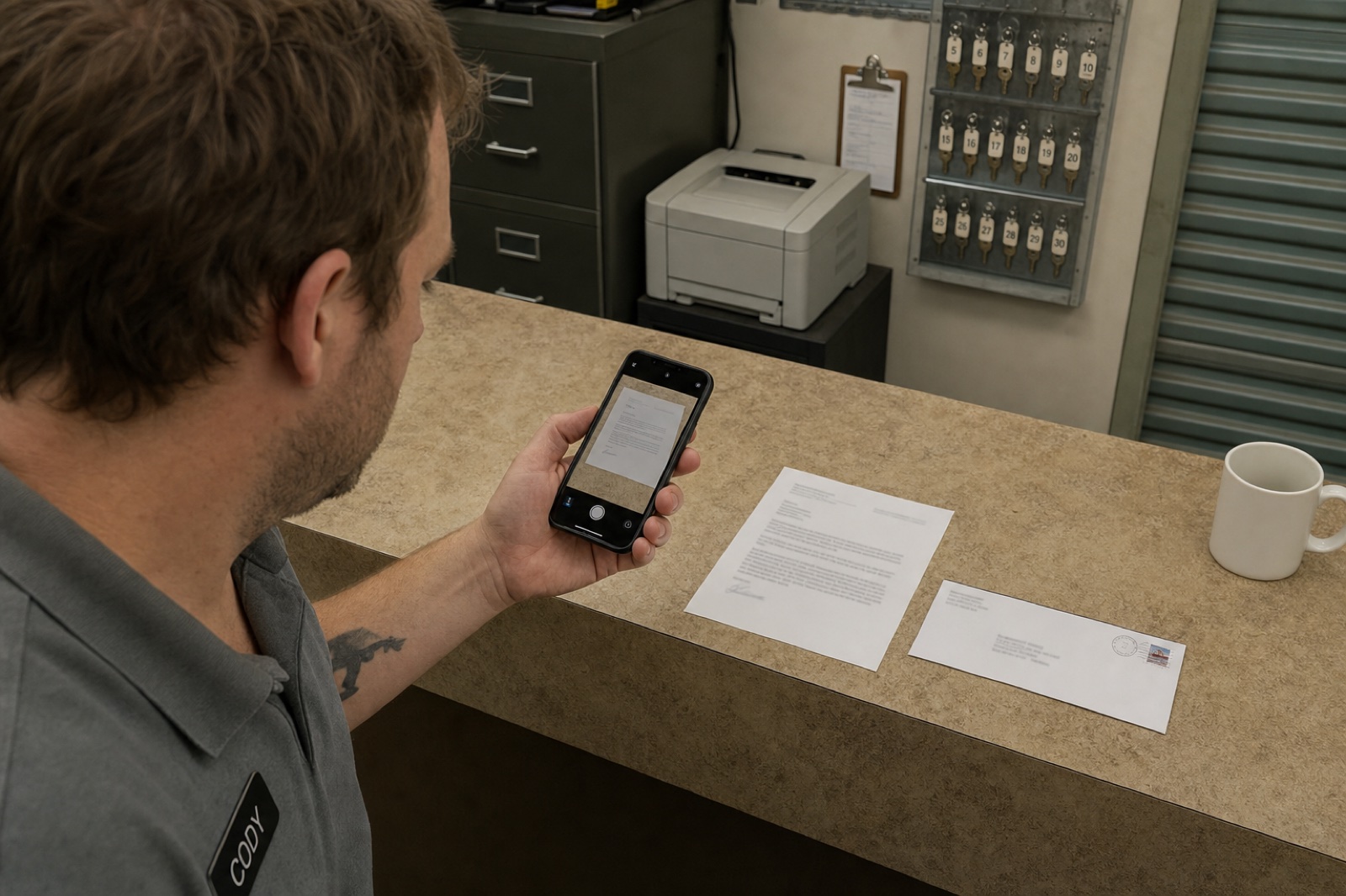 A partner employee at an iPostal1 storefront photographs the opened contents of a customer's business mail