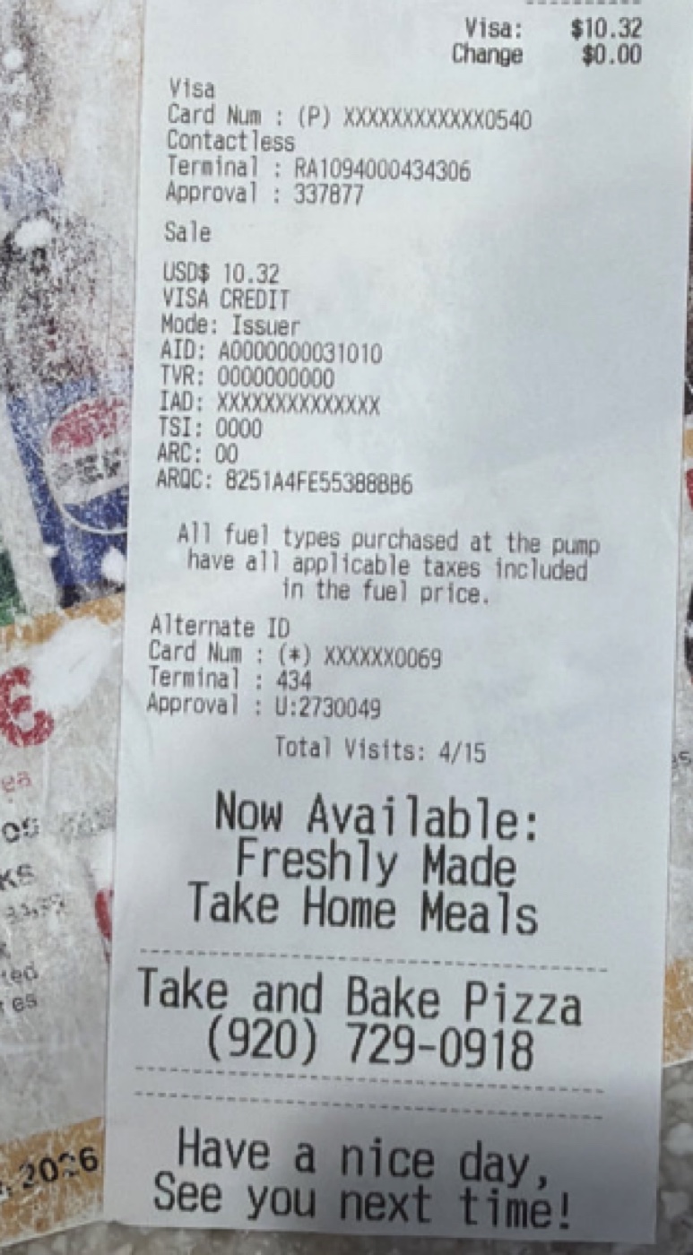 Real gas pump receipt where the printer masks the credit card number as a row of X marks ending in the last four digits