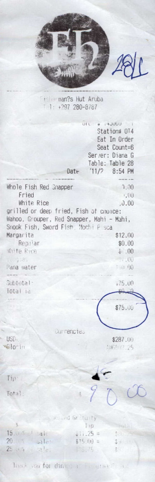 A crumpled, faded restaurant receipt from 2011 that was mailed in and scanned in 2026.