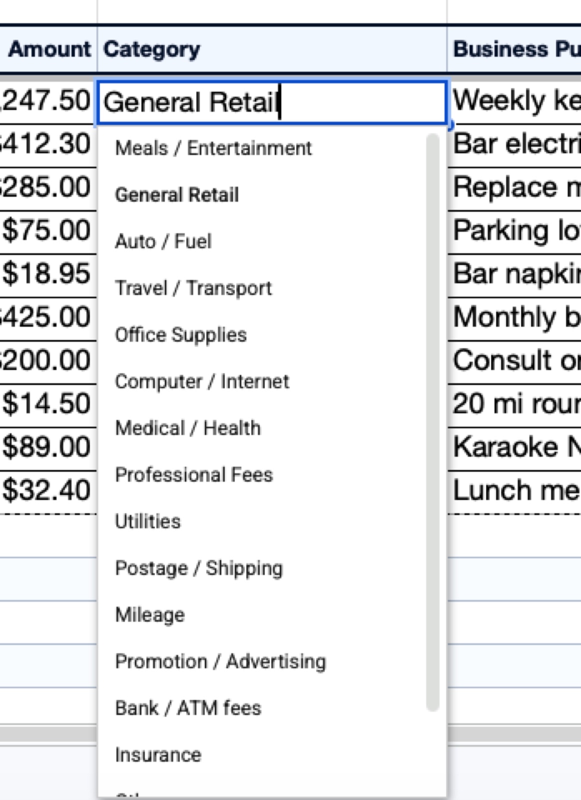Close-up of the category dropdown in the Shoeboxed weekly expense tracker showing all 15 expense categories