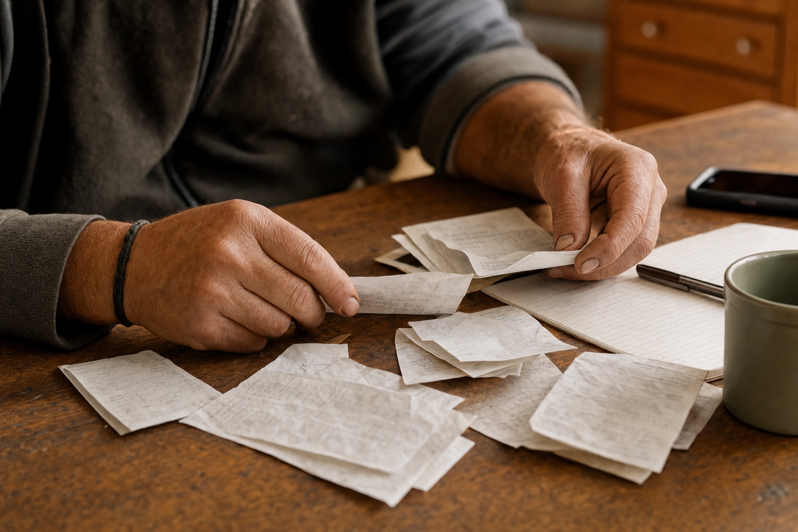 A person's hands sorting one week's worth of small-business paper receipts on a wooden kitchen table in warm natural light