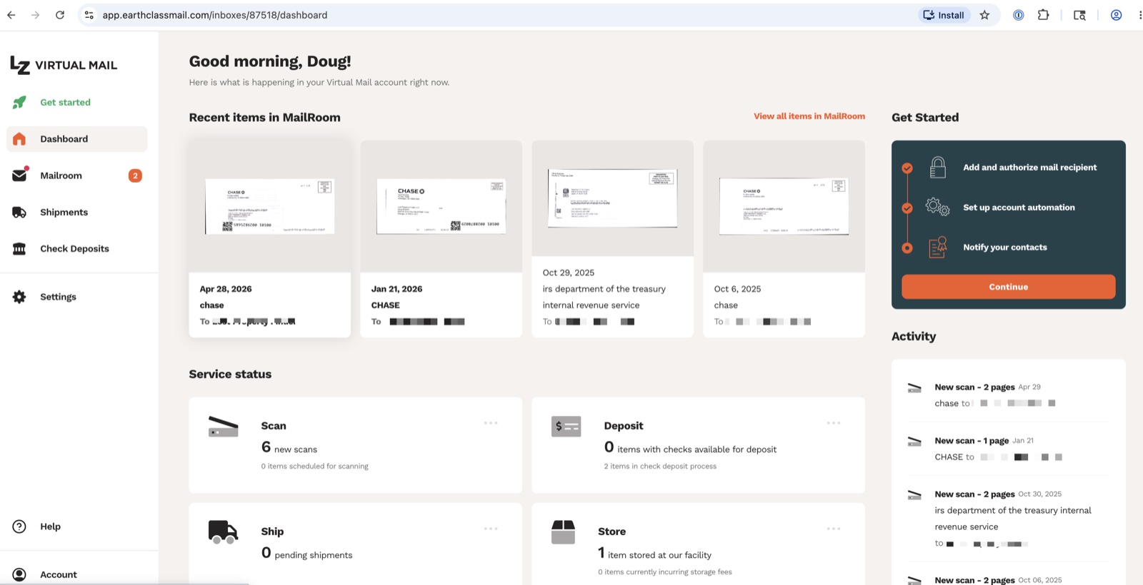 Inside an Earth Class Mail virtual mailbox dashboard, with mail opened, scanned, and tagged for action