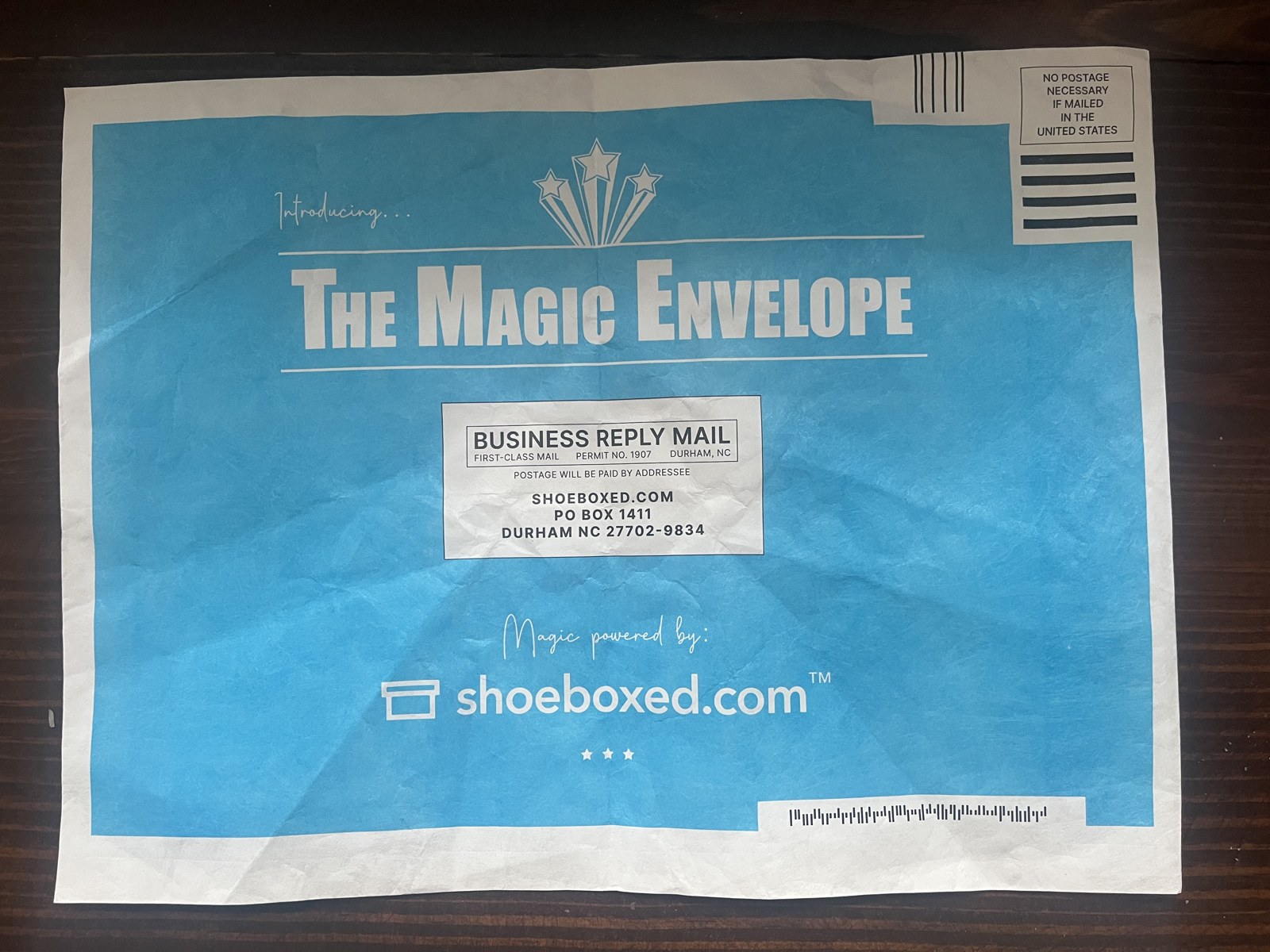The Magic Envelope, a real postage-paid mailer Shoeboxed sends customers for their paper receipts
