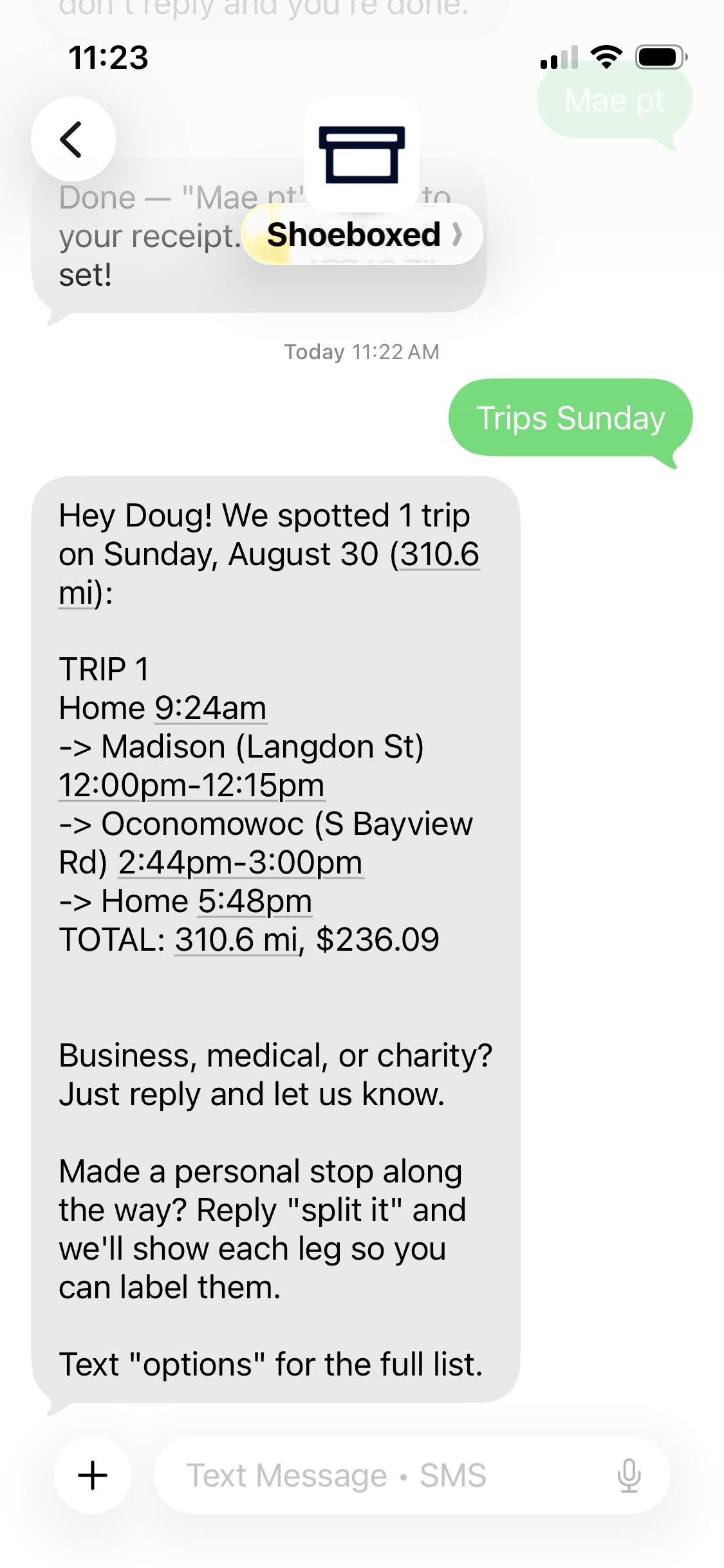 Real Shoeboxed mileage tracker text message listing the day's trips with mileage and dollar amounts