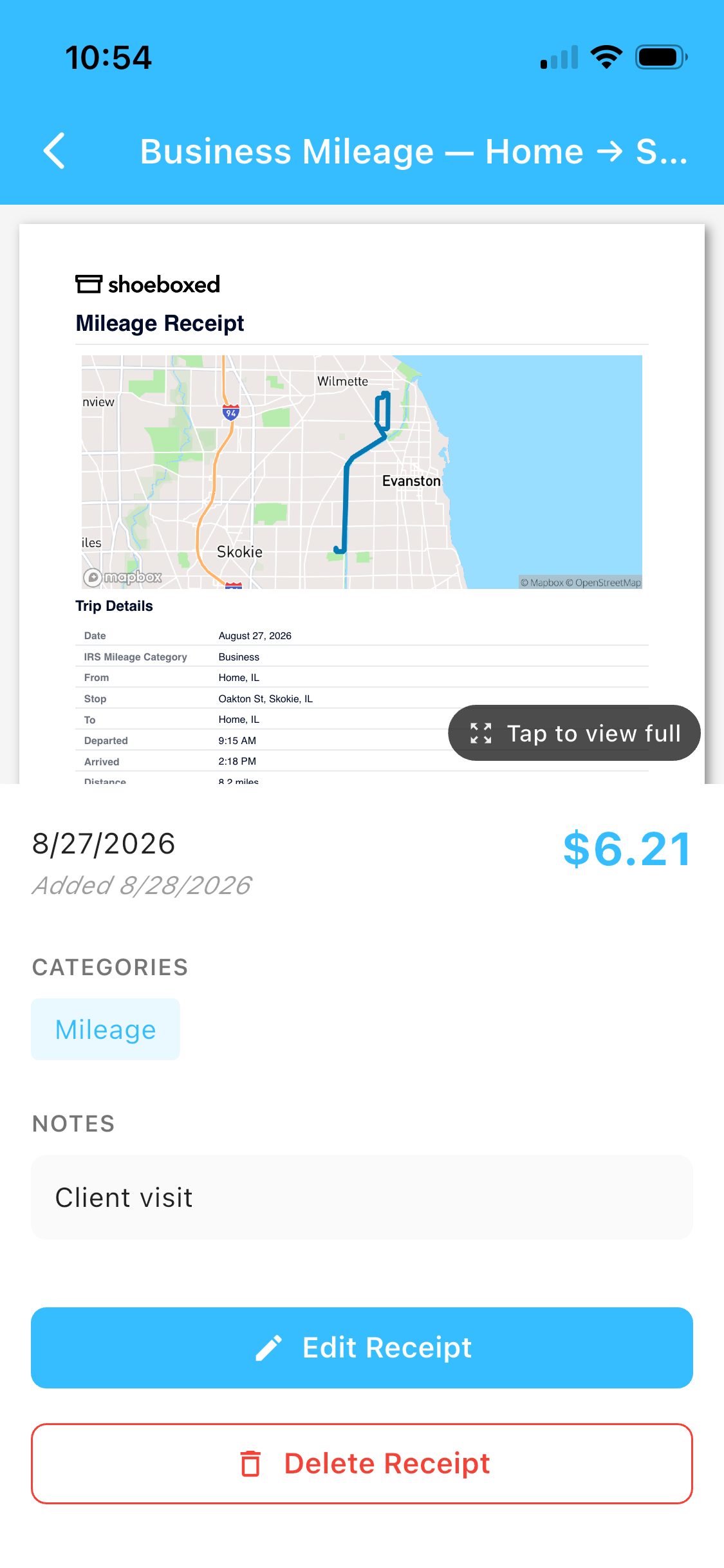 It's saved as a mileage receipt in your account