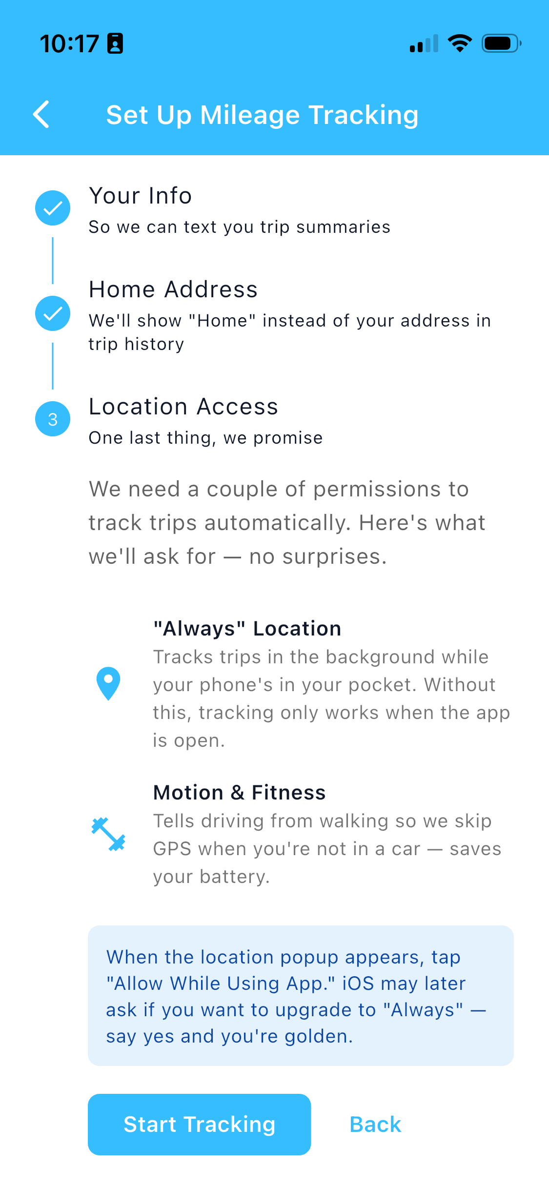 Real Shoeboxed app screenshot of the location access step explaining the Always location and Motion and Fitness permissions before tapping Start Tracking