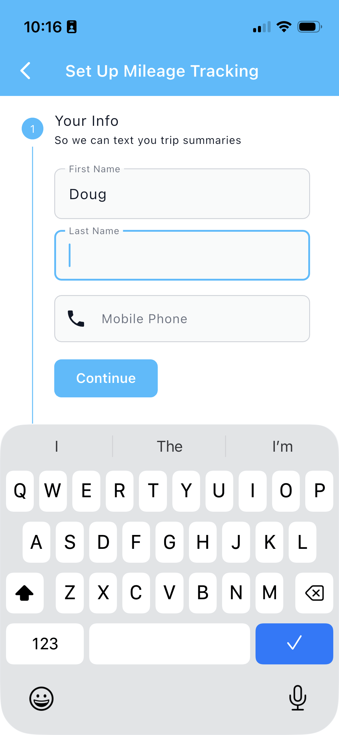 Real Shoeboxed app screenshot of mileage tracking setup asking for your name and mobile phone number