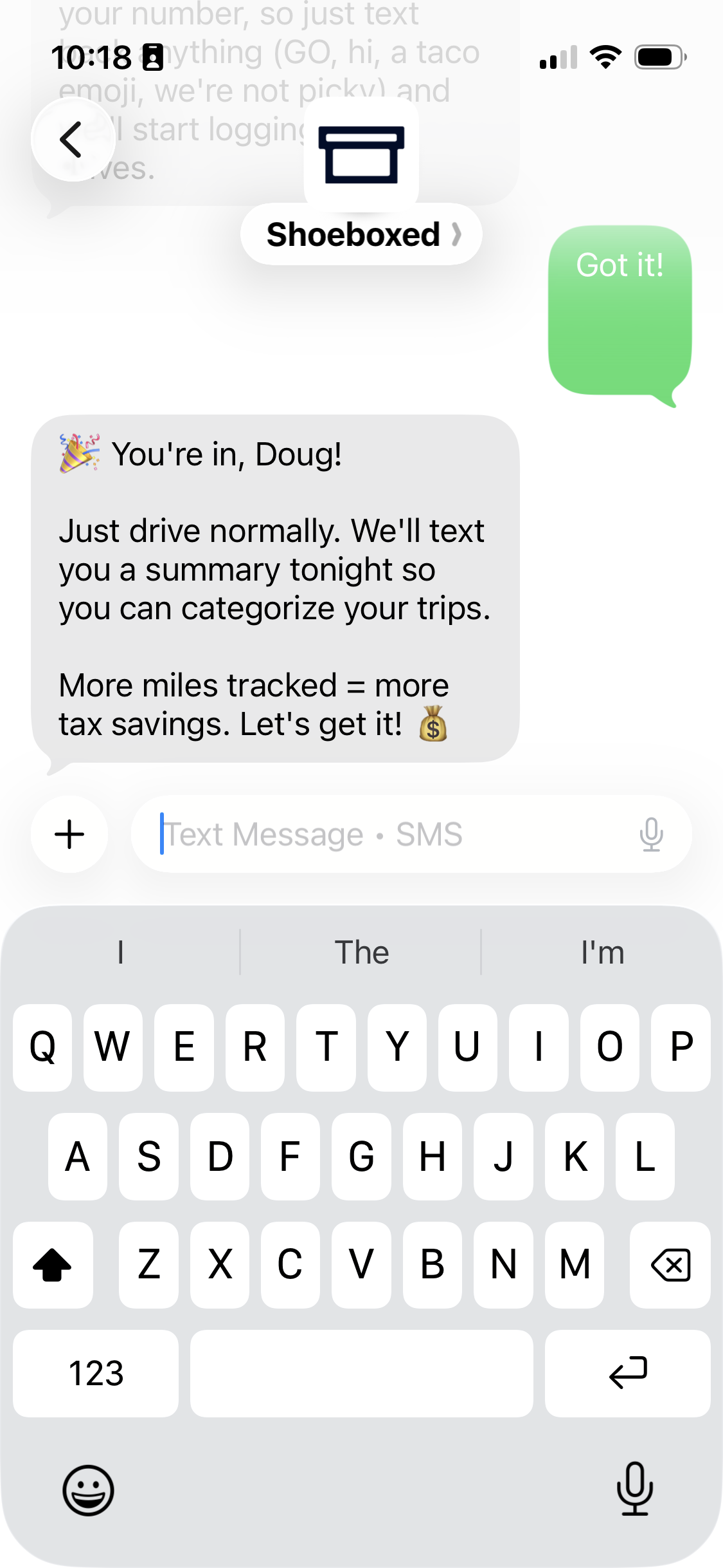 Real Shoeboxed text message confirming mileage tracking is on and saying we'll text a summary tonight