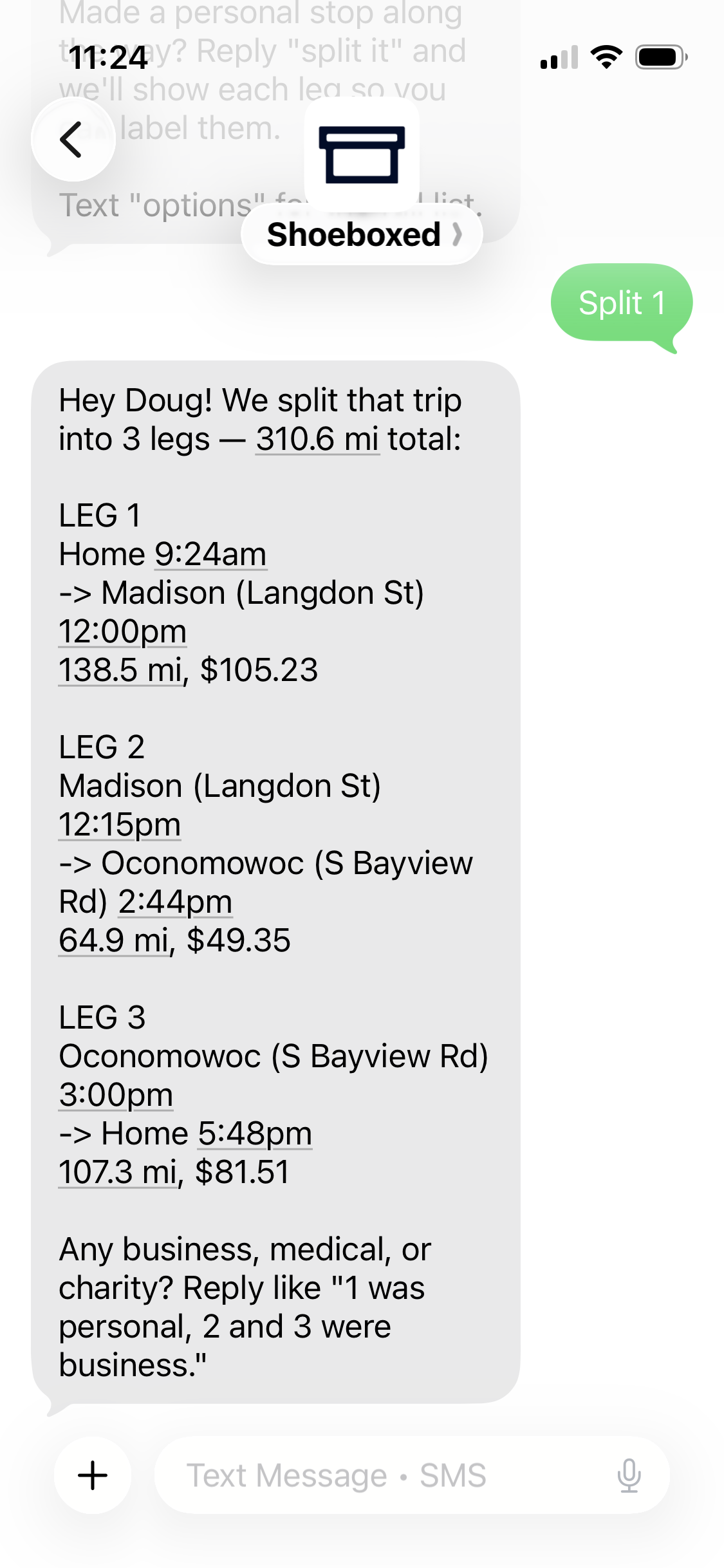 Real Shoeboxed mileage tracker text message showing a trip split into three separate legs with individual mileage and dollar amounts