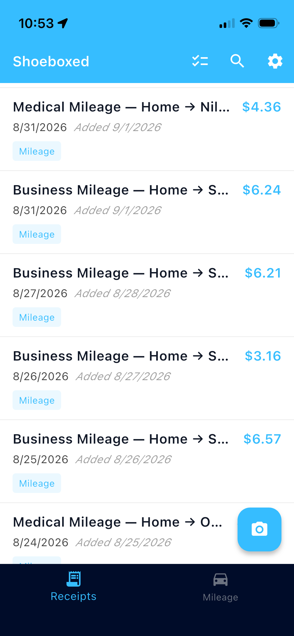 Real Shoeboxed app screenshot of the mileage list showing multiple real trip entries with dollar amounts