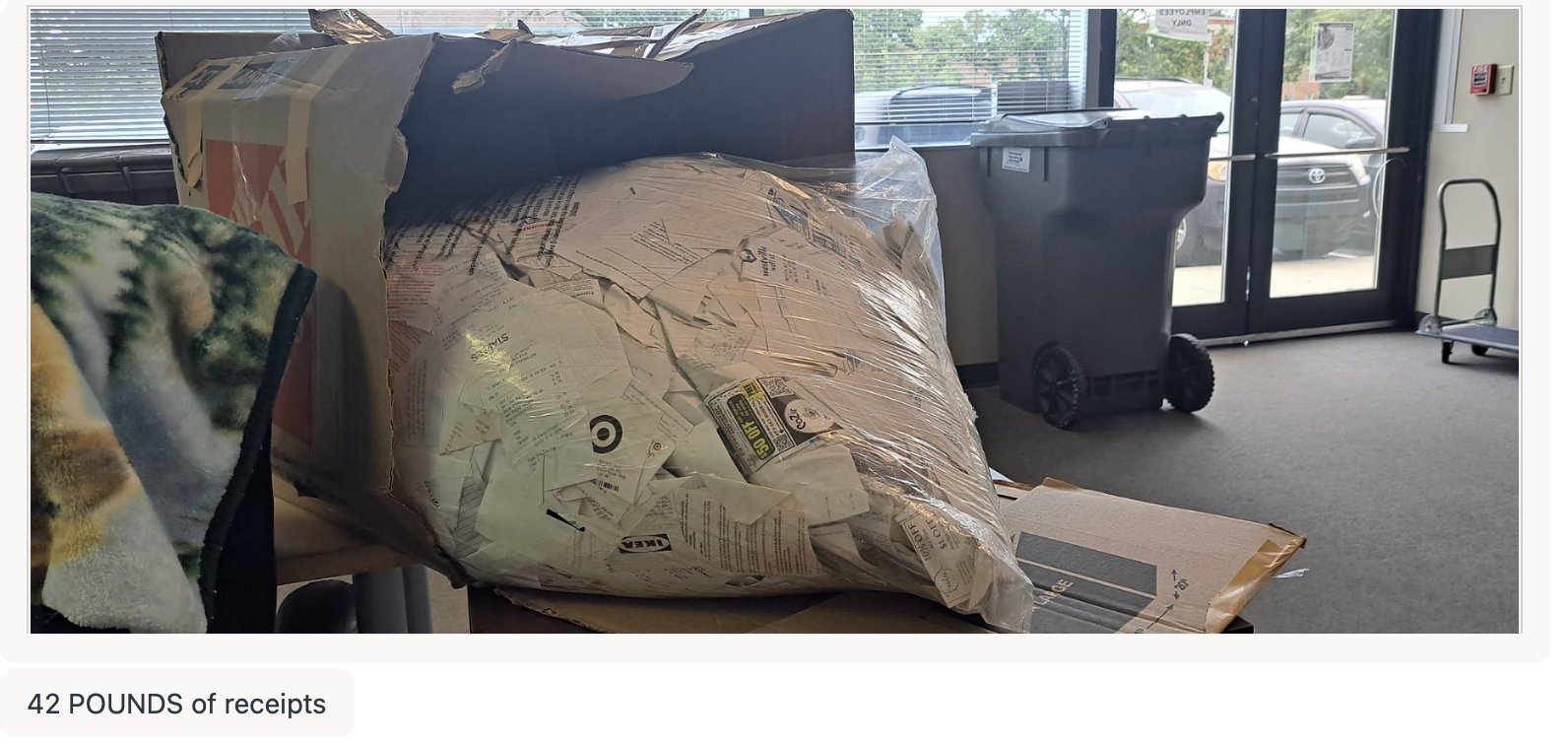 A 42-pound shipment of paper receipts a customer mailed to Shoeboxed for scanning